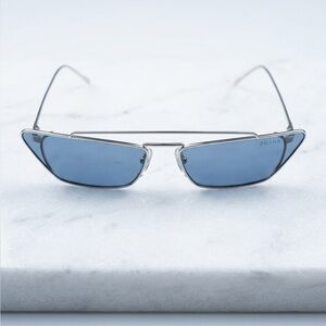 Vintage Prada Y2K Narrow Blue Cat-Eye Sunglasses Silver Frame Certified SPR64U
